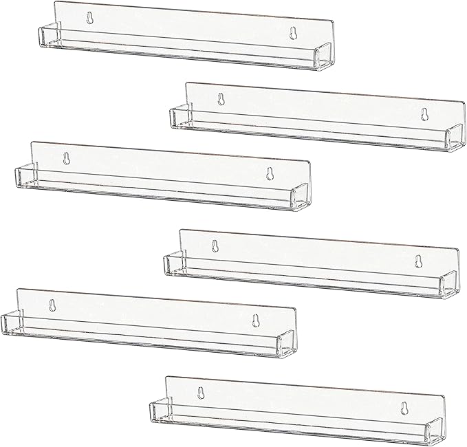 IEEK 6 PCS Acrylic Invisible Floating Bookshelf for Kids Room,15 inch Modern Picture Ledge Display Toy Storage Wall Shelf Vinyl Record Shelf U Shelves Storage Rack-BubblyBeeBaby