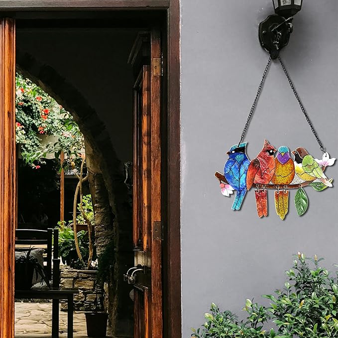 2 Pack Stained Glass Window Hanging - Hummingbird Decorations Suncatcher Hand-Painted Double Sided Birds on A Branch Sun Catcher for Window Home Decor Gifts for Mom,Bird Lovers-BubblyBeeBaby