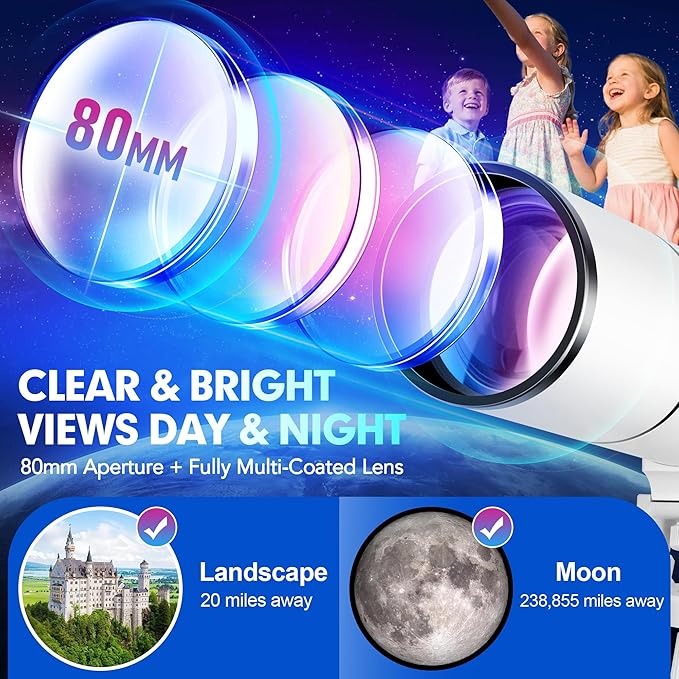 Hawkko Telescope for Adults & Kids – 80mm Aperture 500mm Telescopes for Adults Astronomy, (20X-150X) Portable Refractor Telescope Kit for Beginners with Decorate Stickers, AZ Tripod, Phone Adapter-BubblyBeeBaby