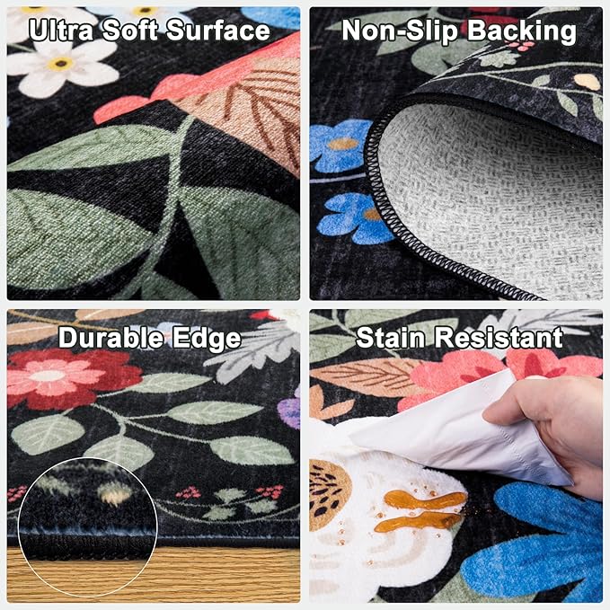 10x14 Area Rugs for Living Room: Floral Washable Rug Vintage Large Soft Boho Non-Slip Carpet Stain Resistant Low Pile Carpets for Bedroom Dining Room Farmhouse Nursery Hallway Home Office Black-BubblyBeeBaby
