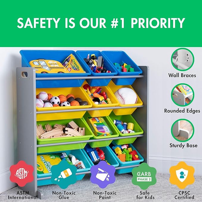 Humble Crew Kids Toy Storage Organizer with 12 Plastic Bins, Grey/Blue/Green/Yellow – Removable Bins for Playroom, Bedroom, Toddler Furniture for Boys and Girls Ages-BubblyBeeBaby