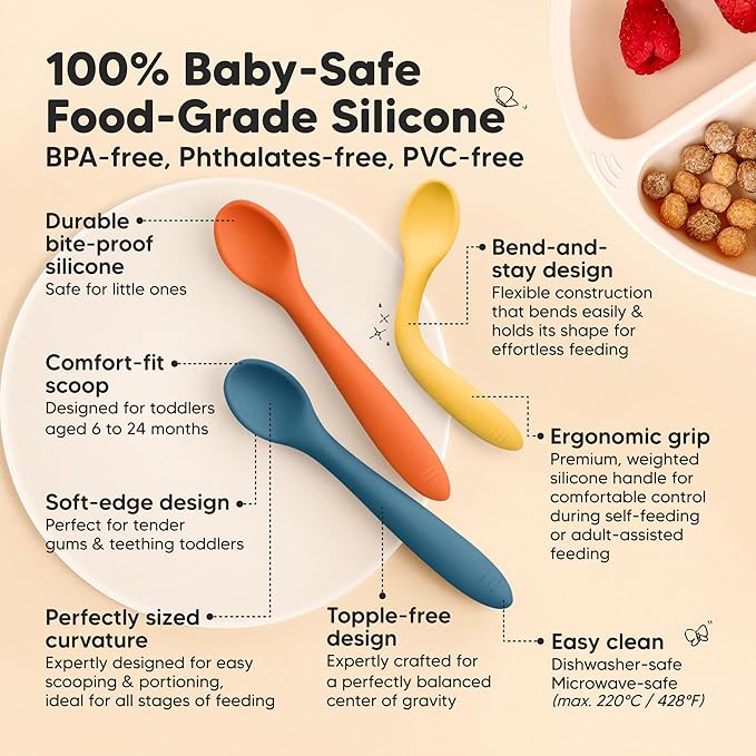 KeaBabies Silicone Baby Spoons, Self Feeding 6-12 months - 3-Pack Baby Weaning Eating Utensils, Toddler First Food Training Spoon, Infant, Kids Feeding Supplies Essential Set,Dishwasher-safe (Valiant)-BubblyBeeBaby