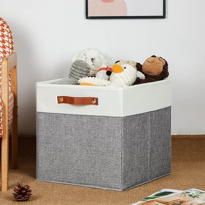 HNZIGE Foldable Storage Bins 13x13 Storage Cubes Set of 4 Fabric Linen Storage Baskets for Shelves Drawer with Handles Organizer for Shelves Toy Nursery Closet Bedroom-BubblyBeeBaby