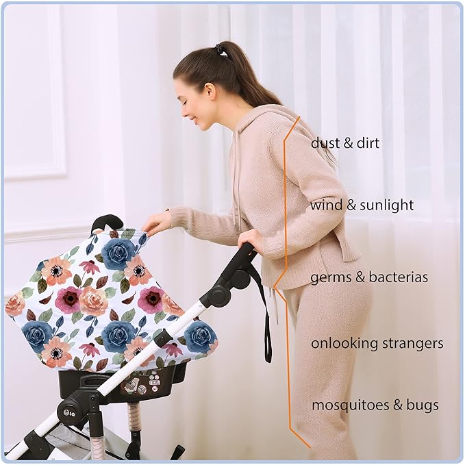 Car Seat Covers for Babies - Multi- use Nursing Carseat Canopy, Breastfeeding Covers, Baby Shower Gifts for Boys and Girls (Colourful Rose)-BubblyBeeBaby