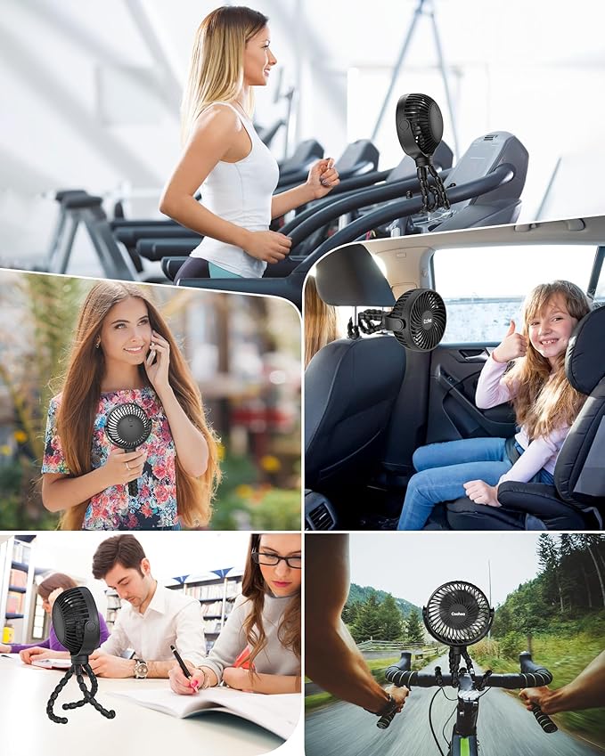 Stroller Fan Clip on for Baby, 4000mAh Rechargeable Battery Operated, Flexible Tripod, 3 Wind Speed, 360° Rotatable, Small Cooling Portable Fan for Car Seat Crib Golf Cart Bike Treadmill, Black-BubblyBeeBaby