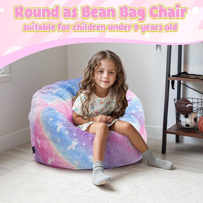Kids Bean Bag Chair Turn into Beanbag Bed, Unicorn Toddler Bean Chair for Girl Boy Sleeping, Lazy Children Bean Bags with Filler, Convertible Child Floor Mattress, Colorful Rainbow-BubblyBeeBaby