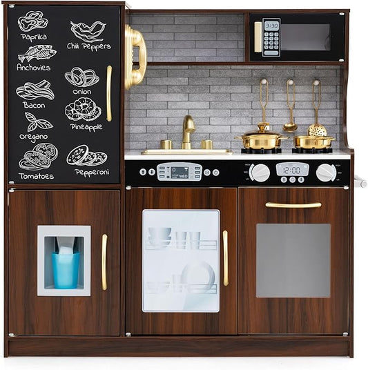 HONEY JOY Kids Kitchen Playset, Wooden Little Chef Pretend Toy Kitchen Set w/Chalkboard, Telephone, Utensils, Oven, Microwave, Sink, Storage, Play Kitchen for Toddlers Boys Girls, Espresso-BubblyBeeBaby