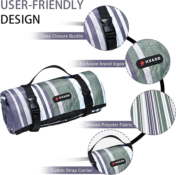 HX&OD Outdoor Picnic Blanket Extra Large, 80''*80' Waterproof Picnic Mat with Stakes Foldable Camping Blanket Portable with Carry Strap for Beach Mat (Green, 80''*80'')-BubblyBeeBaby