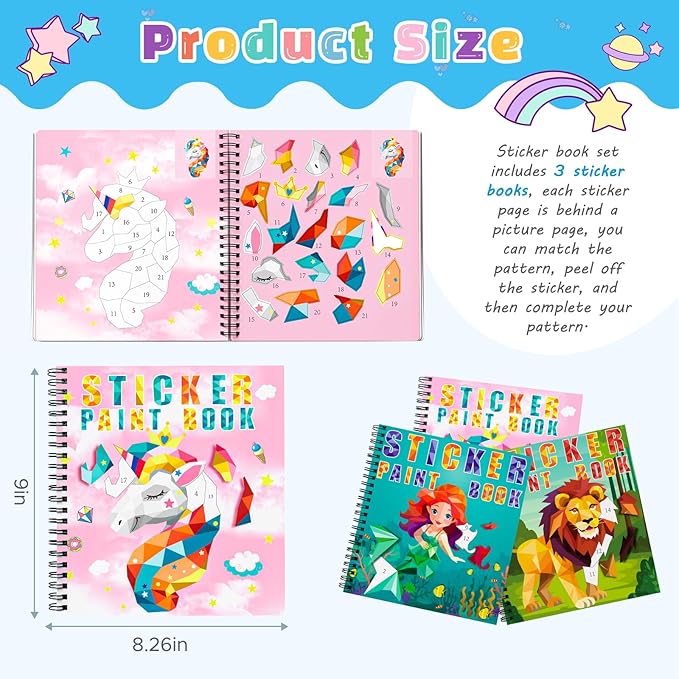 homicozy 3PCS Sticker Paint Books for Kids Ages 4-10,Unicorn Mermaid Animals Designs Paint by Stickers,Sticker by Numbers,Party Birthday Gifts for Girls 4-10,Create 30 Pictures One Stickers at A Time-BubblyBeeBaby