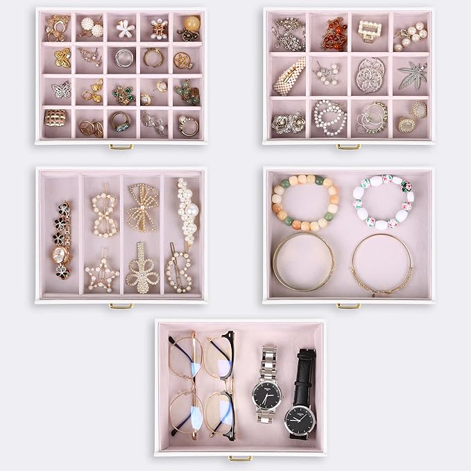 Kendal Extra Large Jewelry Box Jewelry Case PU Leather 6 Tier 5 Drawers Large Storage Capacity with Mirror Jewelry Storage Organizer Great Gift Also Good For Watches LJC-SHD5CM(White)-BubblyBeeBaby