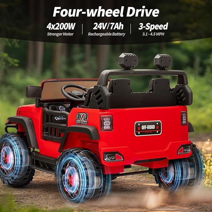 2 Seater Ride on Toy Car for Kids, 24V 4WD Ride-on Truck Kids Electric Car with Remote Control, 4x200W Motors - Red-BubblyBeeBaby