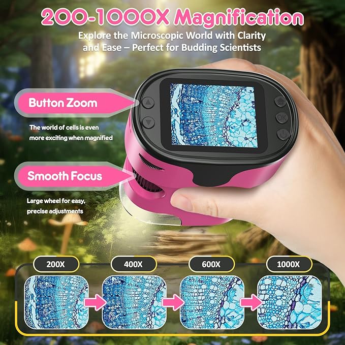 1000X Handheld Microscope for Kids 4K 2.0" Screen Rechargeable Mini Pocket Digital Microscopes w/Slides Kit Portable Edu Gift Age 4-6 8-12 Children Students (Pink)-BubblyBeeBaby