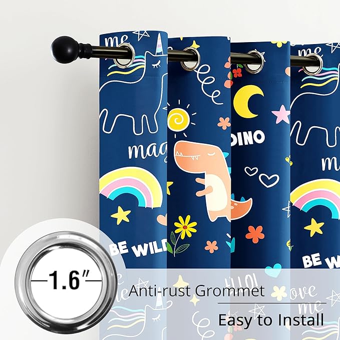 100% Blackout Curtains for Kids - Adorable Dinosaur & Unicorn Pattern, 2Panels, Each W52xL63, Thermal Insulated Noise-Reducing Drapes for Nursery, Bedroom, Playroom - Fun & Colorful Design-BubblyBeeBaby