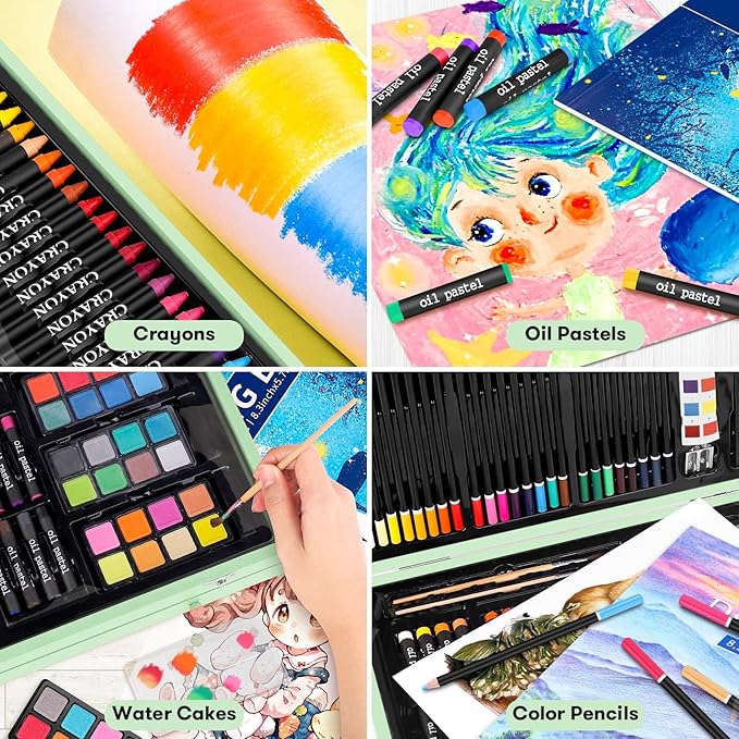 iBayam Art Supplies, 150-Pack Deluxe Wooden Art Set Crafts Drawing Painting Kit with 1 Coloring Book, 2 Sketch Pads, Creative Gift Box for Adults Artist Beginners Kids Girls Boys-BubblyBeeBaby