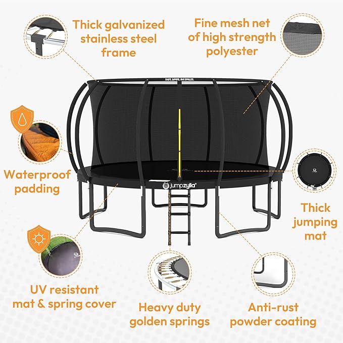 JUMPZYLLA Trampoline Outdoor 8FT 10FT 12FT 14FT 15FT 16FT with Enclosure and Ladder, ASTM Approved Recreational Trampoline for Kids and Adults, Anti-Rust Coated Frame-BubblyBeeBaby
