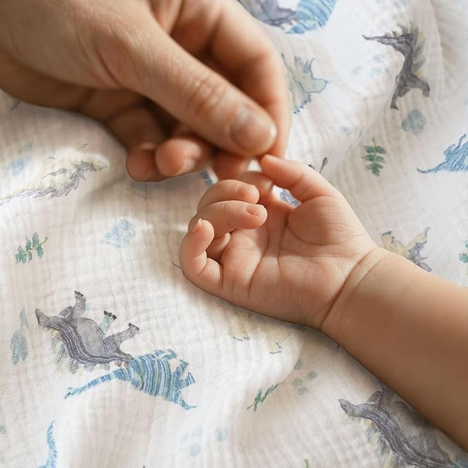 Muslin Swaddle Blankets for Newborn, 3 Pack Breathable Soft Receiving Blanket, Large 38 x 40 inches Swaddle Wrap Burping Clothes Diapers, Essentials Infant Shower Items, Toddler Gift (Blue Dinosaur)-BubblyBeeBaby