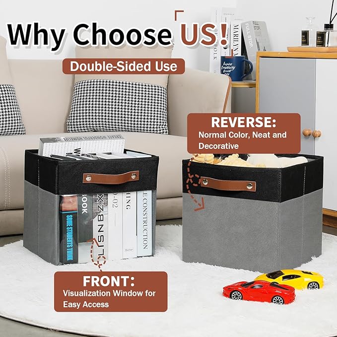 HNZIGE Cube Storage Bins 11 x 11, Fabric Cubes Storage Bins 11x11 Clear Storage Organizer,Canvas Storage Bin for Cube Storage, Cubby Collapsible Organizer Bin for Organizing Home(Gray Black 6PCS)-BubblyBeeBaby