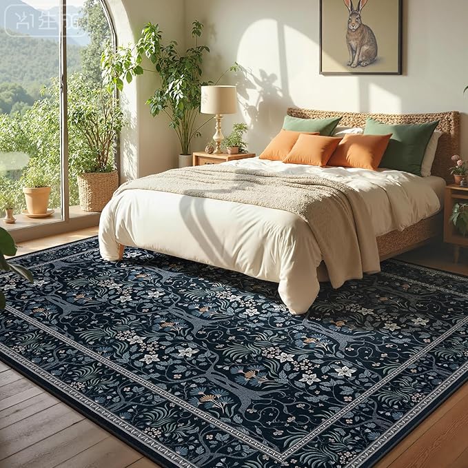 Joydeco Floral Living Room Rugs, Washable Large Bedroom Rug 8x10 Under Bed Non Slip, Soft Forest Botanical Low-Pile Floor Indoor Throw Carpet for Dining Table Home Office, Blue-Black-BubblyBeeBaby