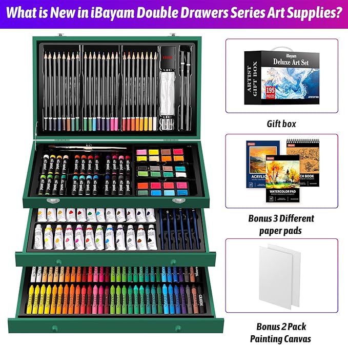 iBayam Art Kit for Kids Teens Teenage Adult, 195-Pack Drawing Coloring Sketching Art Supplies Set for Cards Rocks Eggs Canvas Ceramic Wood Anime, with Canvases, Sketchbooks, Watercolor & Acrylic Pads-BubblyBeeBaby
