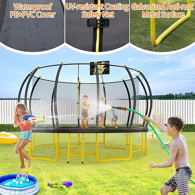 10FT 12FT 14FT 16FT Pumpkin Trampoline for Kids Adults, ASTM Approved Outdoor Recreational Trampoline with Basketball Hoop, Enclosure Net, Yellow-BubblyBeeBaby