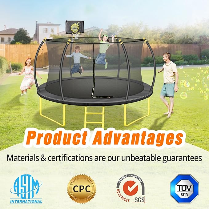 10FT 12FT 14FT 16FT Pumpkin Trampoline for Kids Adults, ASTM Approved Outdoor Recreational Trampoline with Basketball Hoop, Enclosure Net, Yellow-BubblyBeeBaby