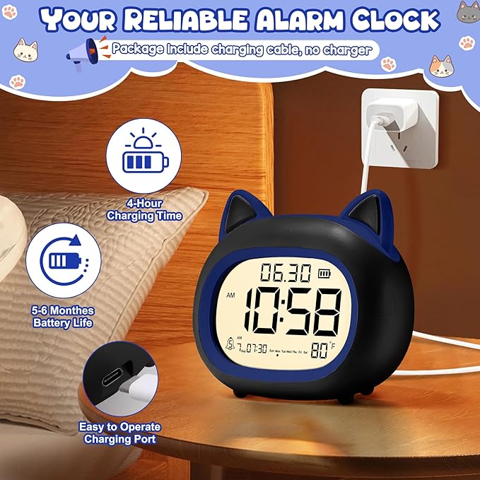 Kids Alarm Clock with Night Light for Kids, Small Digital Alarm Clocks for Bedrooms, Routine Builder, Cute Cat Alarm Clock with Sleep Training, Snooze, 12/24H, Date & Day, Temperature, USB Port-BubblyBeeBaby