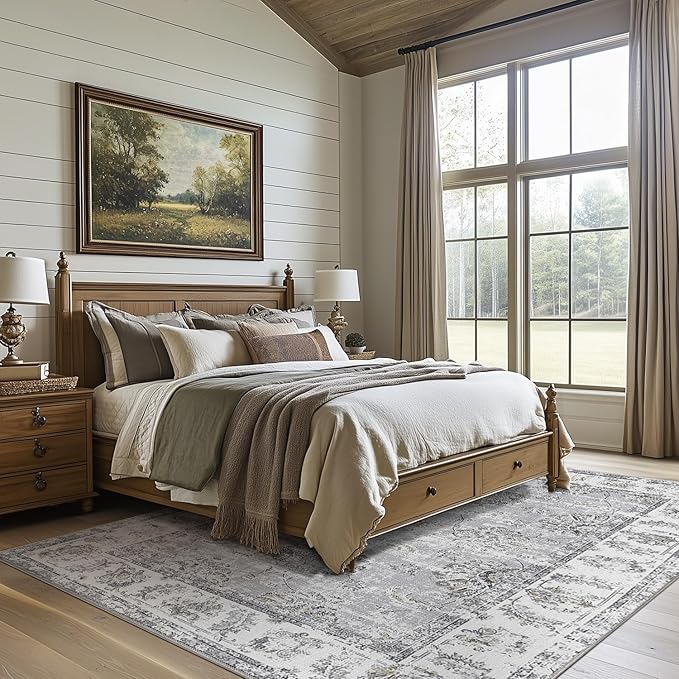 jinchan 8x10 Area Rugs for Living Room - Machine Washable Vintage Floral Distressed Design Stain Resistant Boho Carpet Low Pile Non-Slip Rug for Bedroom Dining Room Home Office (8‘x10',Grey)-BubblyBeeBaby