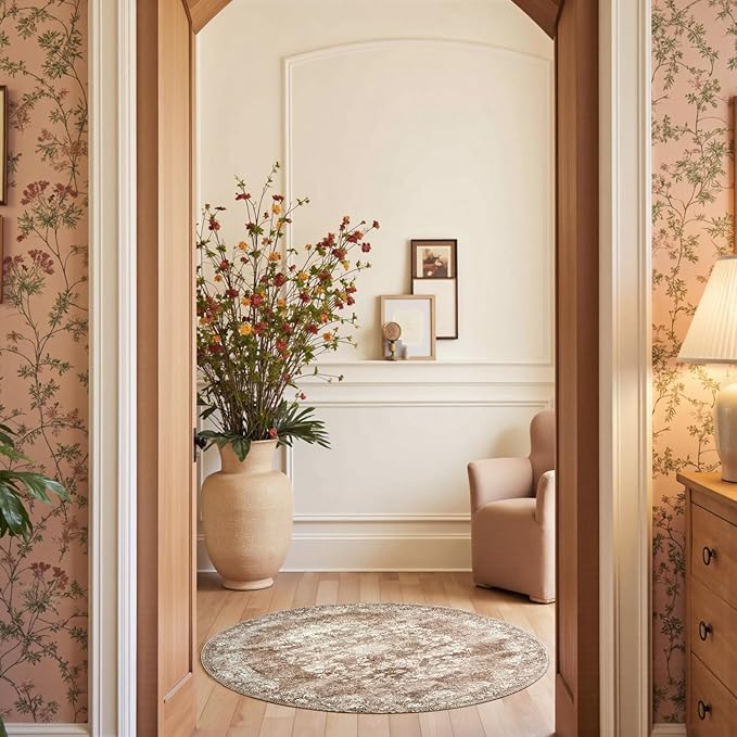 jinchan Round Rug 4ft Area Rug - Brown Vintage Floor Mat Kitchen Indoor - Washable Circle 4' Thin Floral Print Carpet Retro Farmhouse Non Slip Dining Room Living Room Bedroom Office-BubblyBeeBaby