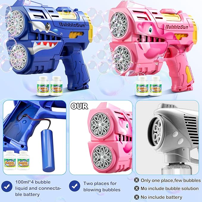 2 Pack Bubble Guns for Kids, LED Light Up Rechargeable Bubbles Machine Blower with 4 Bottles Refill Solution, Toddlers 4-8 Wedding Birthday Easter Party Gift-BubblyBeeBaby