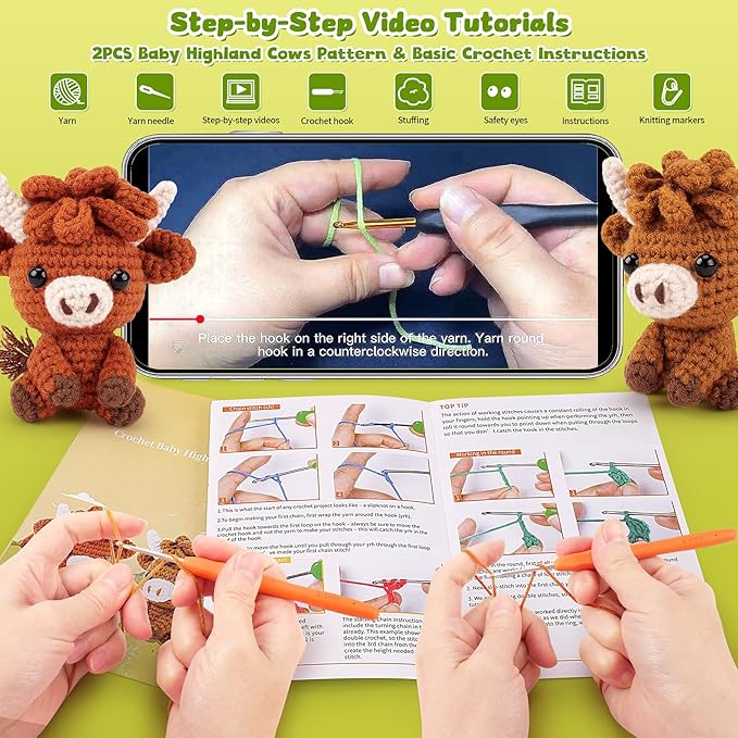 Highland Cow Crochet Kit for Beginners - 2PCS Animals Crochet Kit with Step-by-Step Video Tutorials, Highland Cows Crocheting Kit, Crochet Starter Kit for Kids and Adults, Stuffed Animal Knitting Kit-BubblyBeeBaby