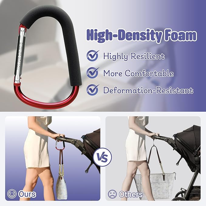 sprookber 6.7 Inch Large Stroller Hooks for Diaper Bags & Purses, Heavy Duty Mommy Hooks for Shopping, Grocery, Backpack – Baby Stroller Accessories, Set of 2 (Red)-BubblyBeeBaby