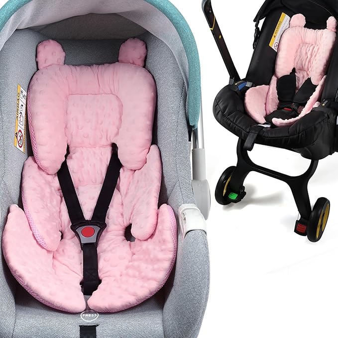 3in1 Reversible Carseat Head Body Support Newborn,3D Minnky Infant Car Seat Insert,Extra Soft Breathable Baby Car Seat Pillow Cushion Boys Girls,fit Stroller,Bouncer,Swing(Pink)-BubblyBeeBaby
