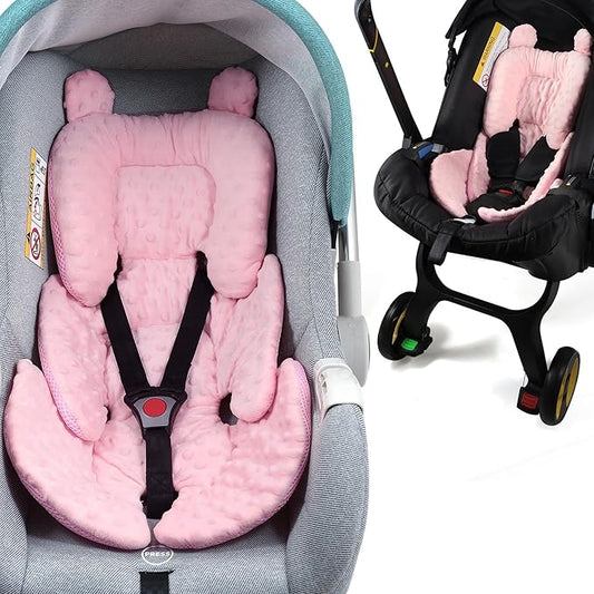 3in1 Reversible Carseat Head Body Support Newborn,3D Minnky Infant Car Seat Insert,Extra Soft Breathable Baby Car Seat Pillow Cushion Boys Girls,fit Stroller,Bouncer,Swing(Pink)-BubblyBeeBaby