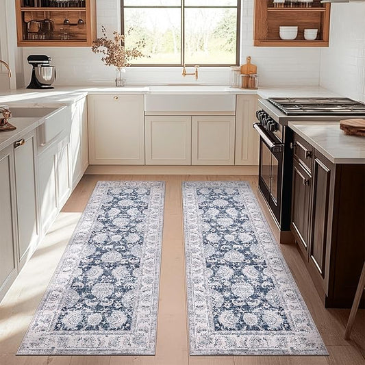 jinchan Runner Rug 3x8-2pcs Kitchen Washable Vintage Hallway Rug Floral Print Floor Cover Indoor Thin Retro Mat Accent for Bathroom Laundry Room Bedroom Office Farmhouse (Double,Dark Blue)-BubblyBeeBaby
