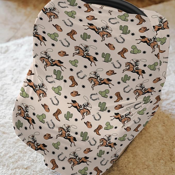 Country Western Car Seat Cover for Baby Cowboy Hat Boots Horse Cactus Stretchy 5-in-1 Covers Adjustable Car Canopy Breastfeeding Cover Wild West Desert Breathable Nursing Cover-Up-BubblyBeeBaby