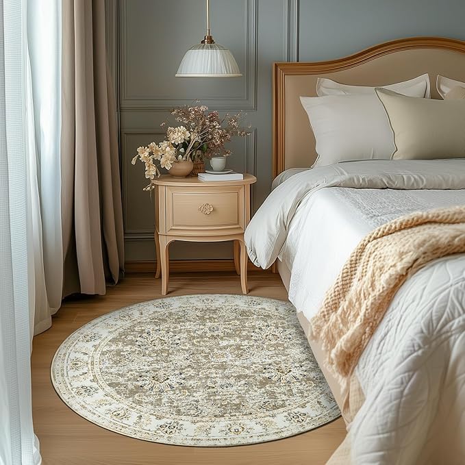 jinchan Round Rug 4ft Area Rugs Vintage Floral Distressed Design - Machine Washable Non-Slip Low-Pile Ultra-Thin Circle Rug for Entryway Bedside Living Room Dining Room Bedroom (4' Round,Taupe)-BubblyBeeBaby