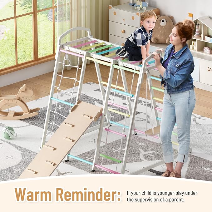 JAXPETY 9-in-1 Indoor Playground, Indoor Jungle Gym for Kids, Toddler Montessori Climbing Gym, Inside Play Gym with Slide, Swing, Monkey Bar, Ladder, Rings-BubblyBeeBaby