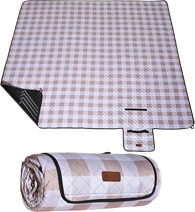 HX&OD Outdoor Picnic Blanket, Extra Large, 80''x80'' Waterproof Foldable Blankets Gingham Picnic Mat for Beach, Camping Grass Lawn Park Accessories Cute Couple Ideas Wedding (Light Brown, 80”x80”)-BubblyBeeBaby