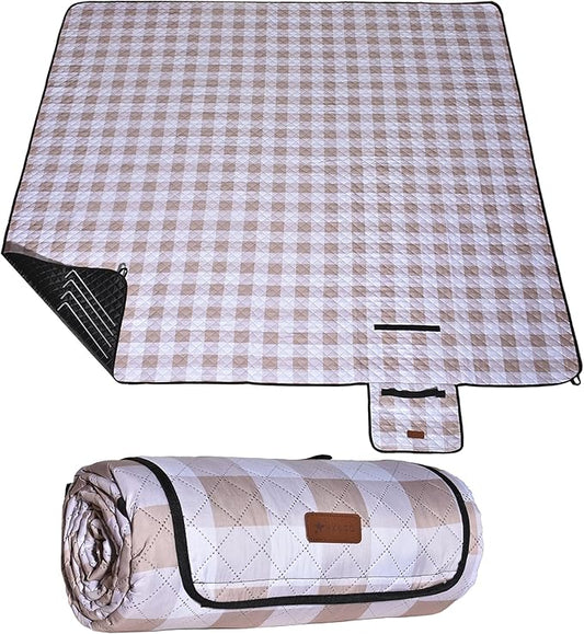 HX&OD Outdoor Picnic Blanket, Extra Large, 80''x80'' Waterproof Foldable Blankets Gingham Picnic Mat for Beach, Camping Grass Lawn Park Accessories Cute Couple Ideas Wedding (Light Brown, 80”x80”)-BubblyBeeBaby