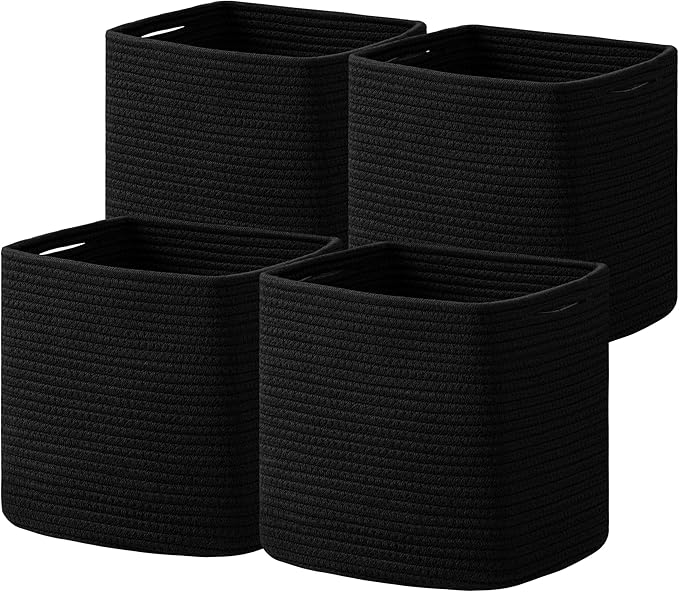 joybest Cube Storage Bins Set of 4, 13inch Cube Baskets Organizer for Nursery, Square Cotton Rope Baskets for Shelves Organizing, Kids Toy, Closet Storage, Black-BubblyBeeBaby