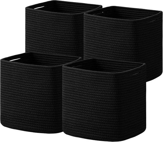 joybest Cube Storage Bins Set of 4, 13inch Cube Baskets Organizer for Nursery, Square Cotton Rope Baskets for Shelves Organizing, Kids Toy, Closet Storage, Black-BubblyBeeBaby
