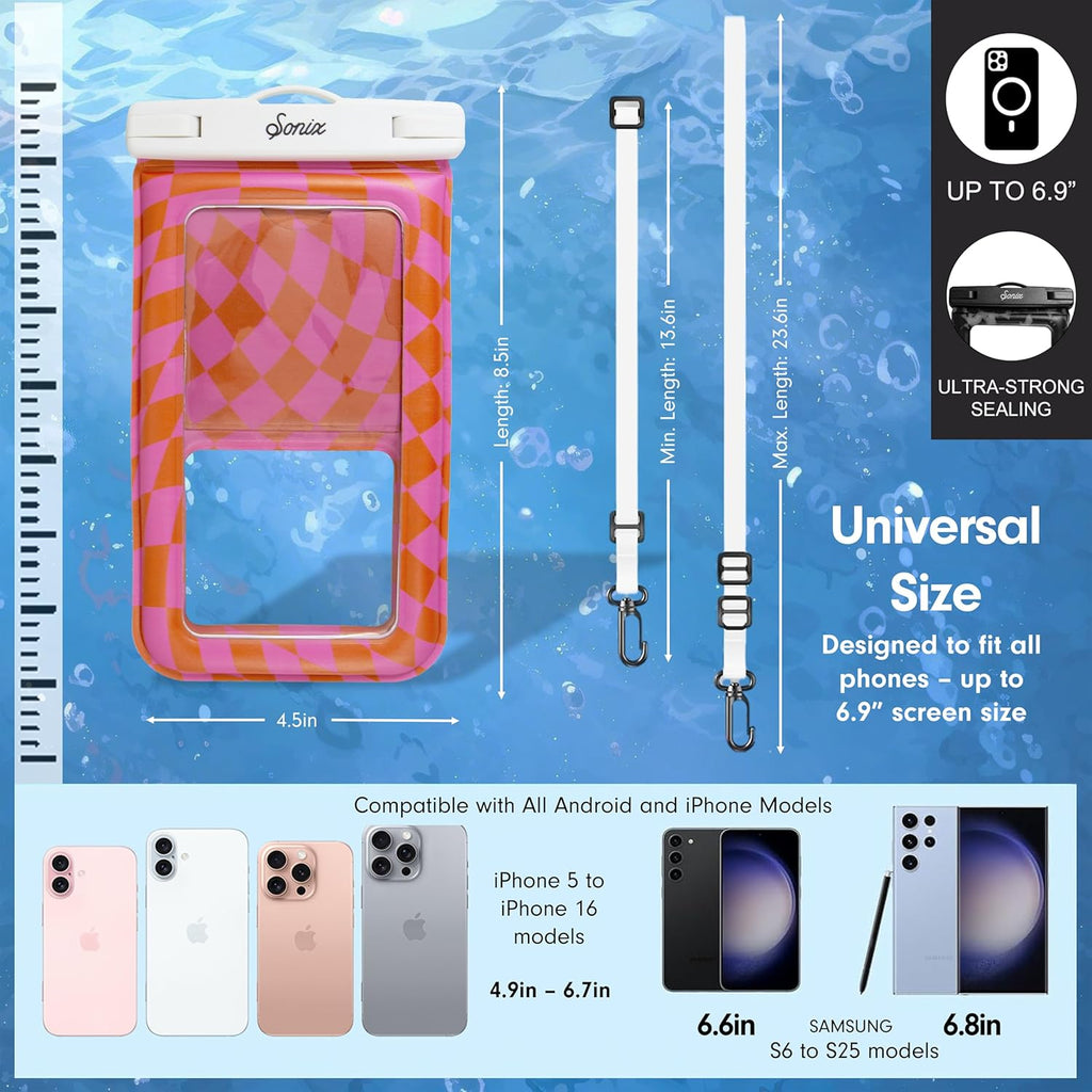 Sonix Waterproof Phone Pouch - Floating Phone Case Dry Bag w/Crossbody Lanyard - Beach Cruise Travel Essentials - Compatible w/All Devices, Touchscreen Friendly | Checkmate Pink/Orange