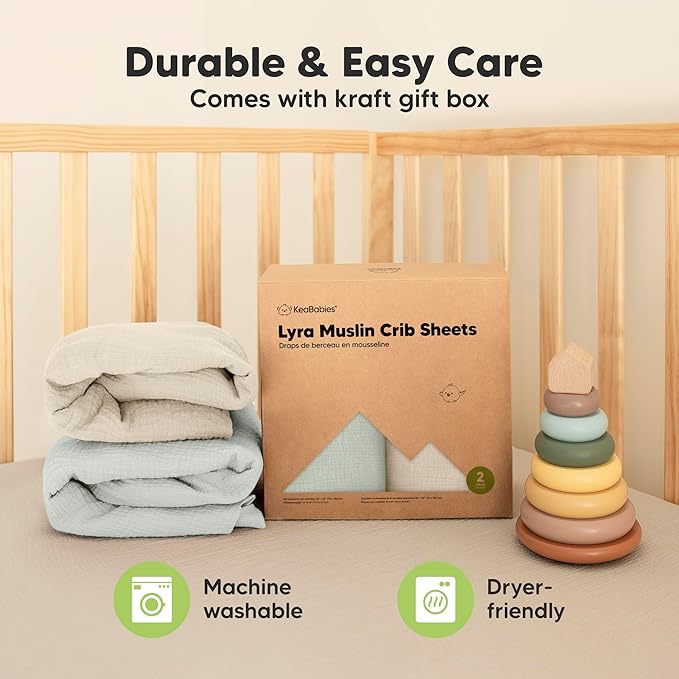 KeaBabies 2-Pack Muslin Crib Sheets for Boys, Girls - 100% Organic Cotton Fitted Baby Crib Mattress Sheet, Soft Breathable Standard Toddler Bed Cover Bedding Set, Neutral, Durable 52x28 (Willow)-BubblyBeeBaby