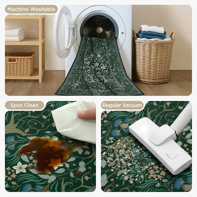 Joydeco Boho Floral 8x10 Area Rugs for Living Room, Washable Dark Green Rug Non Slip, Soft Large Low-Pile Botanical Forest Indoor Floor Throw Carpet for Bedroom Nursery Dining Office-BubblyBeeBaby