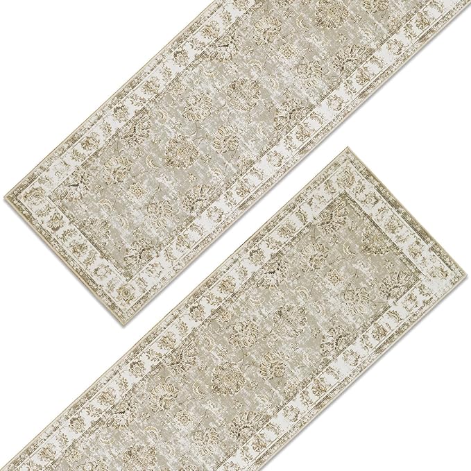 jinchan Runner Rug 3x10-2pcs Kitchen Washable Vintage Hallway Rug Floral Print Floor Cover Indoor Thin Retro Mat Accent for Bathroom Laundry Room Bedroom Office Farmhouse (Double,Taupe)-BubblyBeeBaby