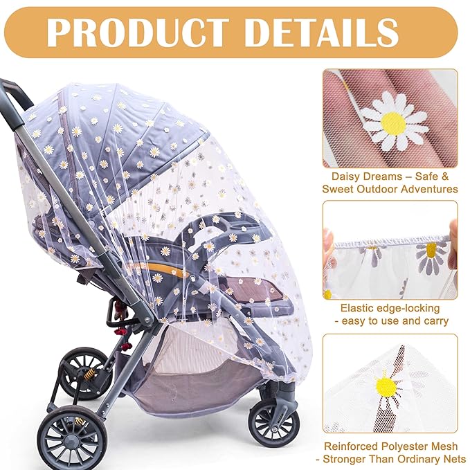 Baby Stroller Mosquito Net (2 Pack) - Durable Mesh Protection for Bassinets, Cradles, Playards, Pack N Plays & Portable Mini Cribs | Breathable Universal Fit Insect Barrier (Black + Daisy)-BubblyBeeBaby