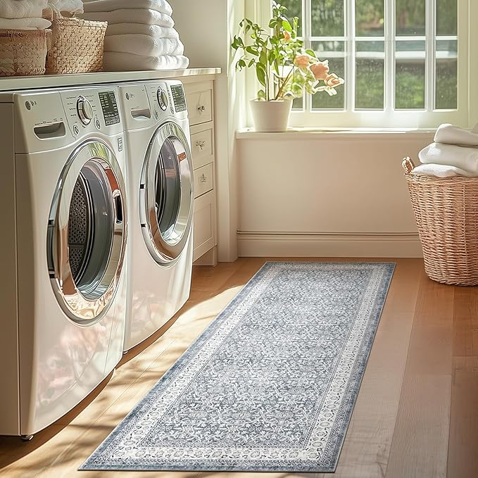 jinchan Floral Runner Rug 2x5 - Machine Washable Grey Vintage Distressed Design Soft Non-Slip Low-Pile Ultra-Thin Runner Rug for Kitchen Hallway Laundry Room Entryway Farmhouse (2‘x5',Grey)-BubblyBeeBaby