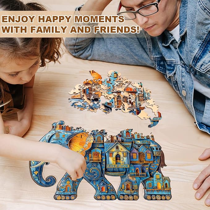 Jigfoxy Wooden Puzzles for Adults, Elephant House Wood Puzzles Adult, Unique Animal Shape Wooden Jigsaw Puzzles for Adults, Birthday Gifts for Puzzle Lovers, Family, Friend (S-8.5 * 7.4in-100pcs)-BubblyBeeBaby