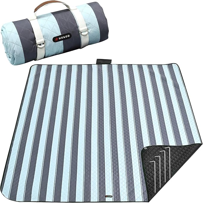 HX&OD Outdoor Picnic Blanket Extra Large, 80''*80'' Waterproof Picnic Mat with Stakes Foldable Camping Blanket Portable with Carry Strap for Beach Mat (Grey& Green, 80''*80'')-BubblyBeeBaby