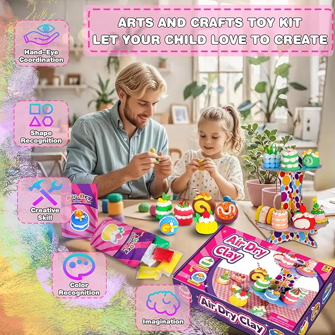 ifergoo Air Dry Clay Kit for Kids - Cakes Modeling Clay, Includes 6 Dessert Designs and Display Stand, DIY Art & Crafts School Projects, Home Party Kids Toys, Holidays Gifts for Age 3-12 Girls & Boys-BubblyBeeBaby